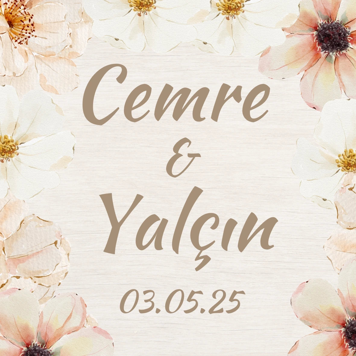 Kişiselleştirilebilir Özel Gün Kare Magnet - Ahşap Zeminli Rustik Krem ve Somon Çiçekler