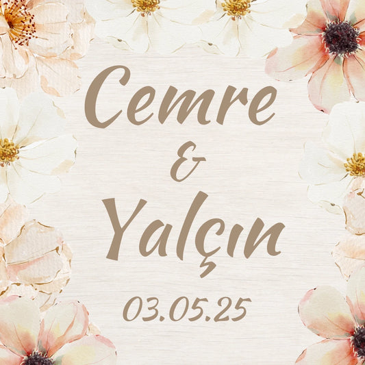 Kişiselleştirilebilir Özel Gün Kare Magnet - Ahşap Zeminli Rustik Krem ve Somon Çiçekler