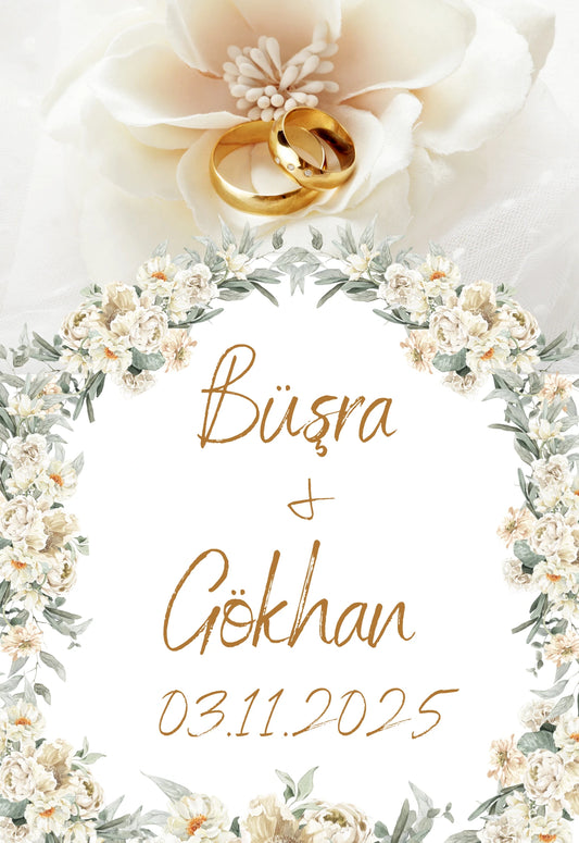 Kişiselleştirilebilir Özel Gün Dikdörtgen Magnet - Altın Alyanslar ve Beyaz Çiçekler
