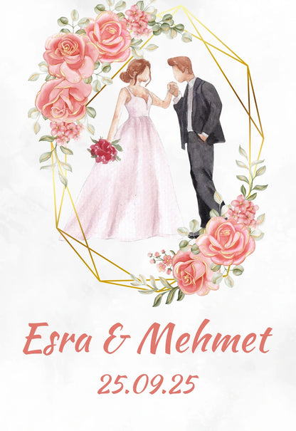 Kişiselleştirilebilir Özel Gün Dikdörtgen Magnet - Altın Çerçeve ve Çift İllüstrasyonu