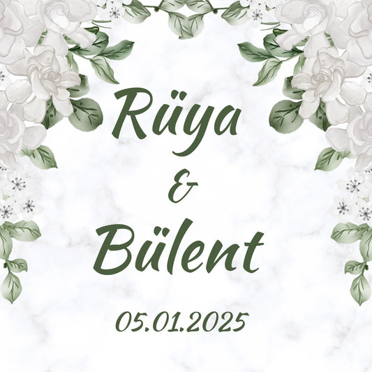 Kişiselleştirilebilir Özel Gün Kare Magnet - Beyaz Gardenyalar ve Mermer Zemin