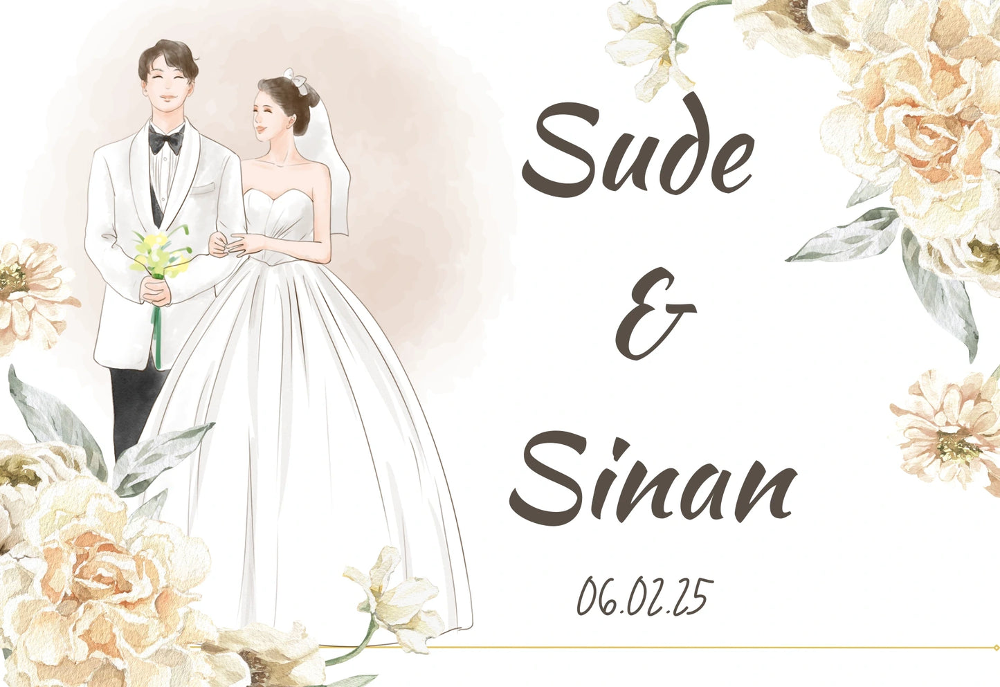 Kişiselleştirilebilir Özel Gün Dikdörtgen Magnet - Gelin Damat ve Pastel Çiçekler