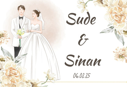 Kişiselleştirilebilir Özel Gün Dikdörtgen Magnet - Gelin Damat ve Pastel Çiçekler