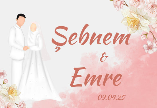 Kişiselleştirilebilir Özel Gün Dikdörtgen Magnet - Gelin Damat ve Pembe Bahar