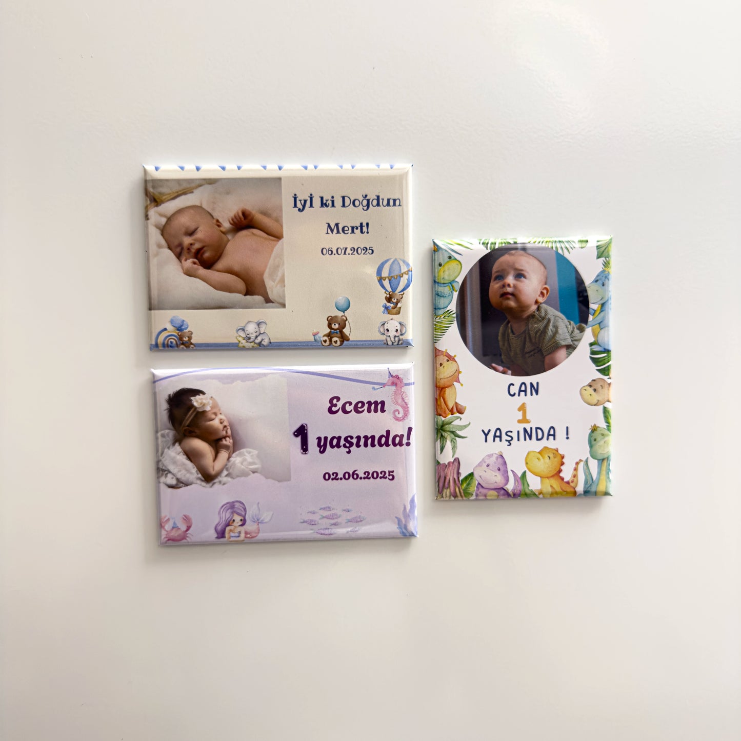 1 yaş doğum günü partisi için kişiye özel fotoğraflı dikdörtgen magnet hediyelikler
