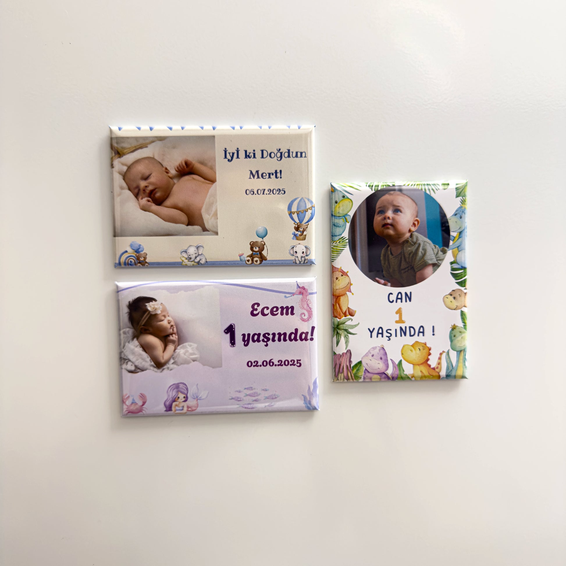 1 yaş doğum günü partisi için kişiye özel fotoğraflı dikdörtgen magnet hediyelikler