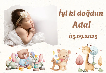 Kişiye Özel Resimli Doğum Günü Magneti - Ayıcıklar ve Zürafa