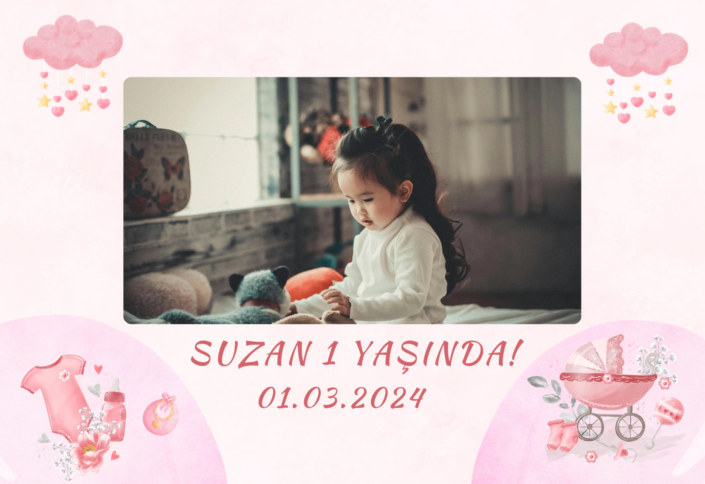 Kişiye Özel Resimli Doğum Günü Magneti - Bebek Arabası ve Bulutlar