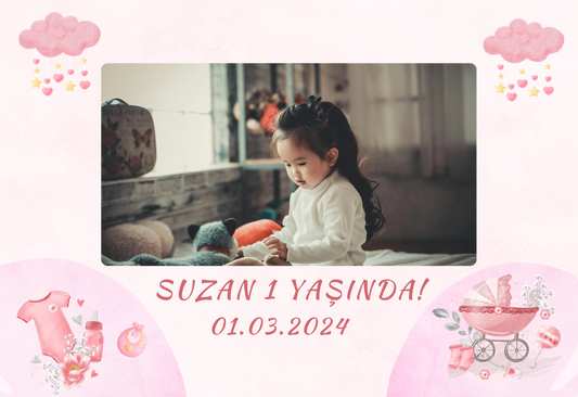 Kişiye Özel Resimli Doğum Günü Magneti - Bebek Arabası ve Bulutlar