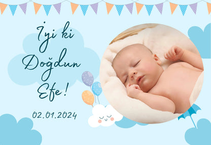 Kişiye Özel Resimli Doğum Günü Magneti - Mavi Bulutlar ve Renkli Balonlar