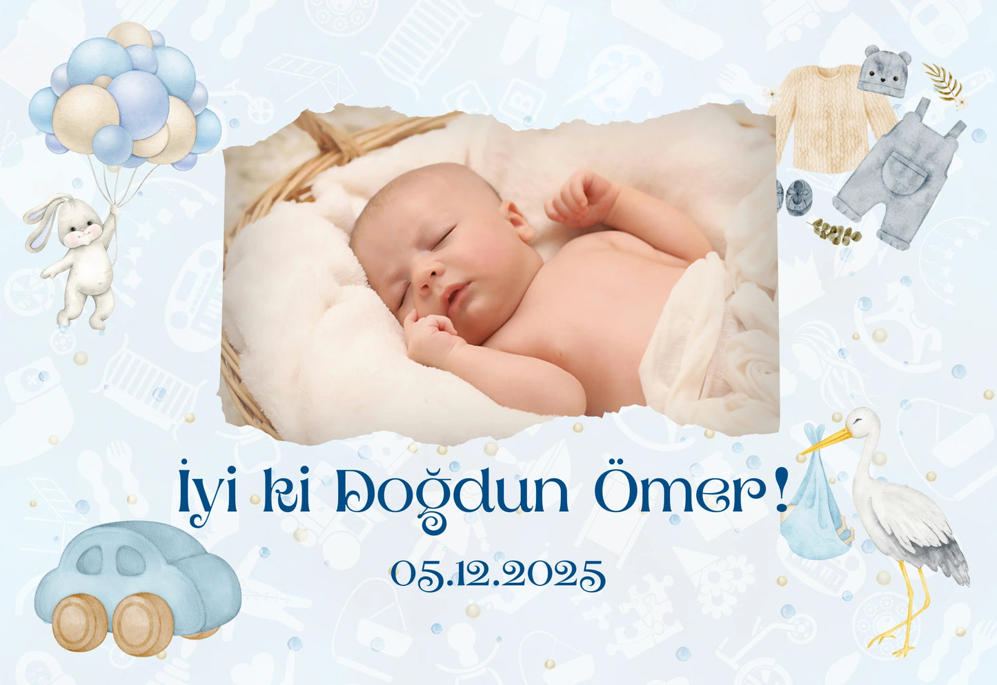 Kişiye Özel Resimli Doğum Günü Magneti - Oyuncak Araba ve Tavşan