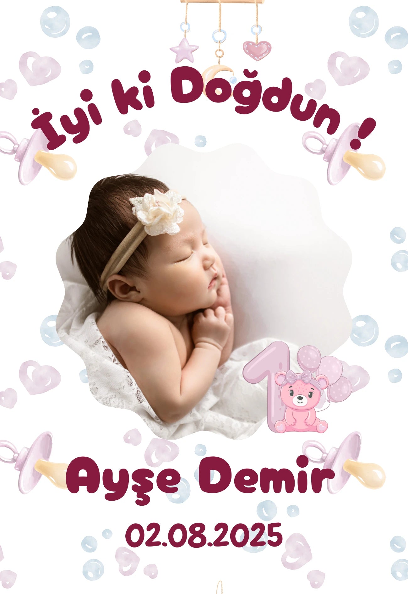 Kişiye Özel Resimli Doğum Günü Magneti - Pembe Ayıcık ve Emzik