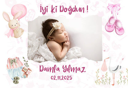 Kişiye Özel Resimli Doğum Günü Magneti - Pembe Sevimli Tavşan ve Leylek