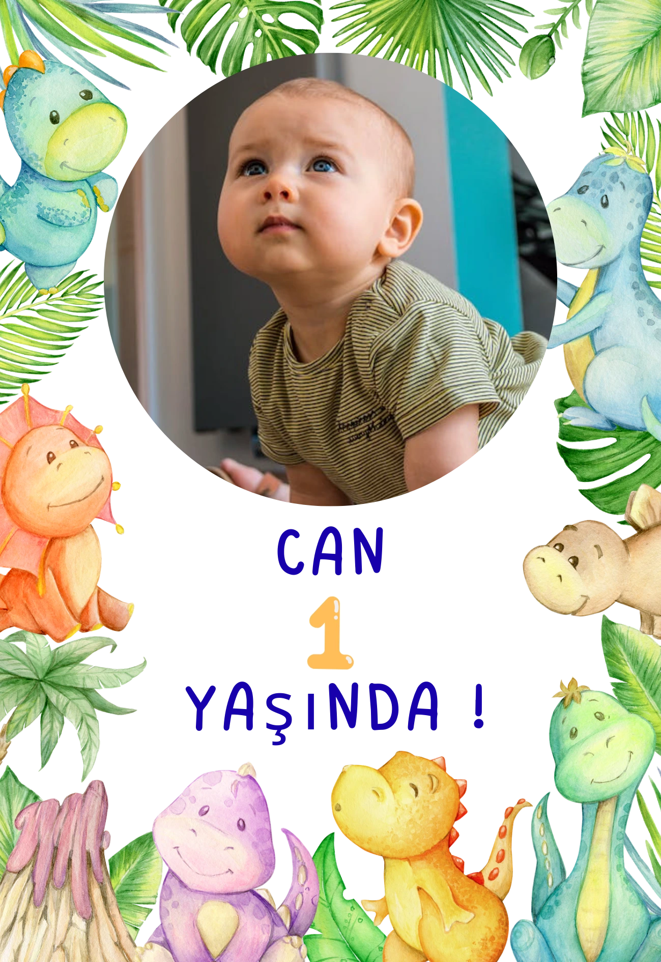 Kişiye Özel Resimli Doğum Günü Magneti - Sevimli Dinozorlar ve Tropikal Orman