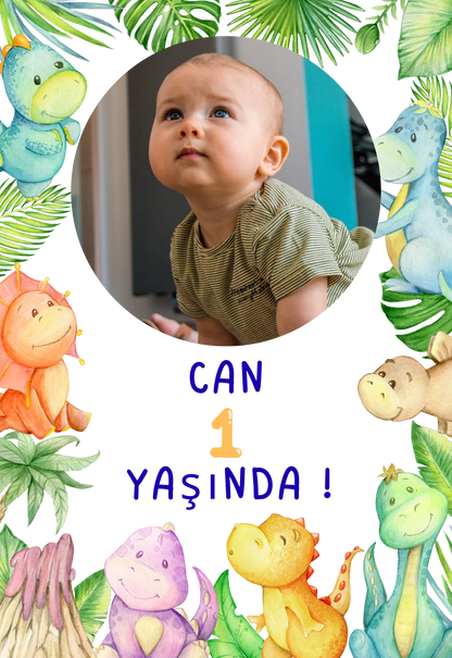 Kişiye Özel Resimli Doğum Günü Magneti - Sevimli Dinozorlar ve Tropikal Orman