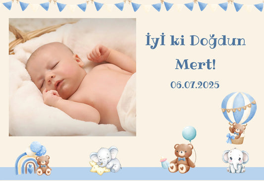 Kişiye Özel Resimli Doğum Günü Magneti - Uçan Balon, Ayıcık ve Fil