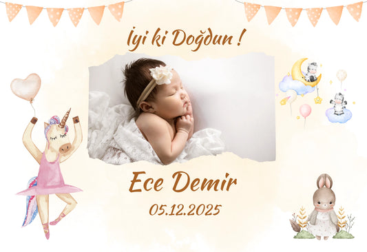 Kişiye Özel Resimli Doğum Günü Magneti - Unicorn ve Tavşan