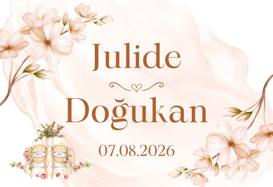 Kişiselleştirilebilir Özel Gün Dikdörtgen Magnet - Manolya Çiçekleri ve Gelin Damat Sandalyesi