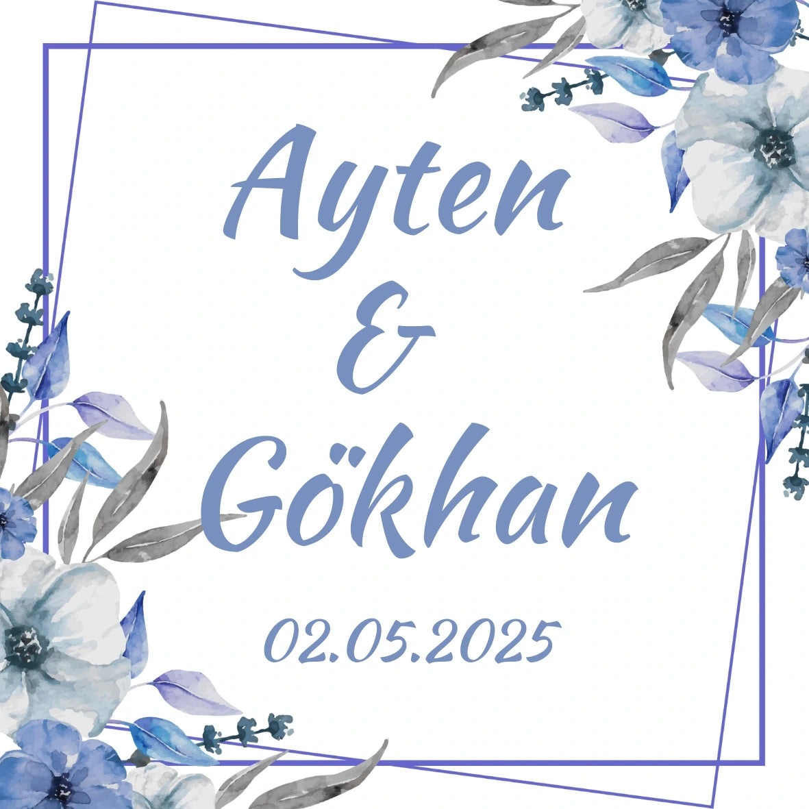 Kişiselleştirilebilir Özel Gün Kare Magnet - Mavi Çiçekler ve Geometrik Çerçeve