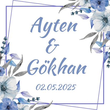 Kişiselleştirilebilir Özel Gün Kare Magnet - Mavi Çiçekler ve Geometrik Çerçeve