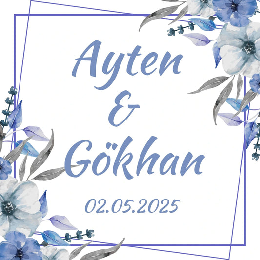 Kişiselleştirilebilir Özel Gün Kare Magnet - Mavi Çiçekler ve Geometrik Çerçeve