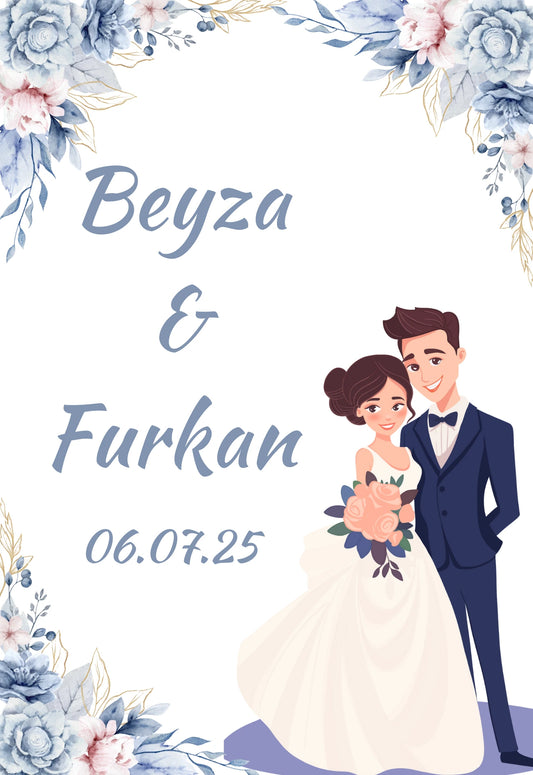Kişiselleştirilebilir Özel Gün Dikdörtgen Magnet - Mavi Güller ve Çift İllüstrasyonu