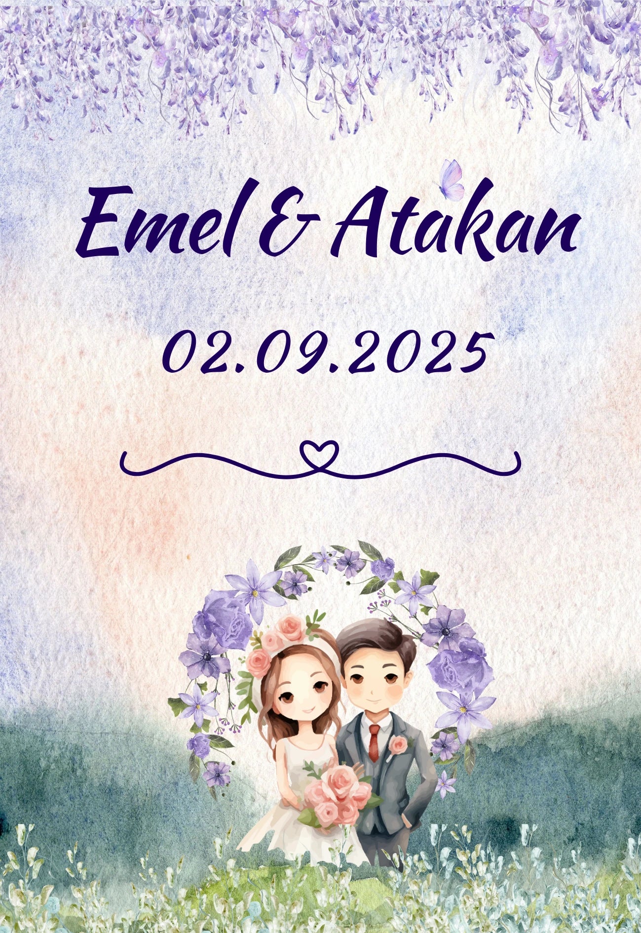 Kişiselleştirilebilir Özel Gün Dikdörtgen Magnet - Mor Salkım Çiçekler ve Sevimli Aşıklar