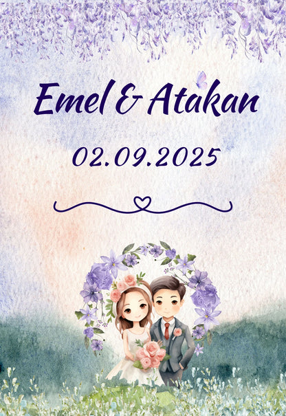 Kişiselleştirilebilir Özel Gün Dikdörtgen Magnet - Mor Salkım Çiçekler ve Sevimli Aşıklar