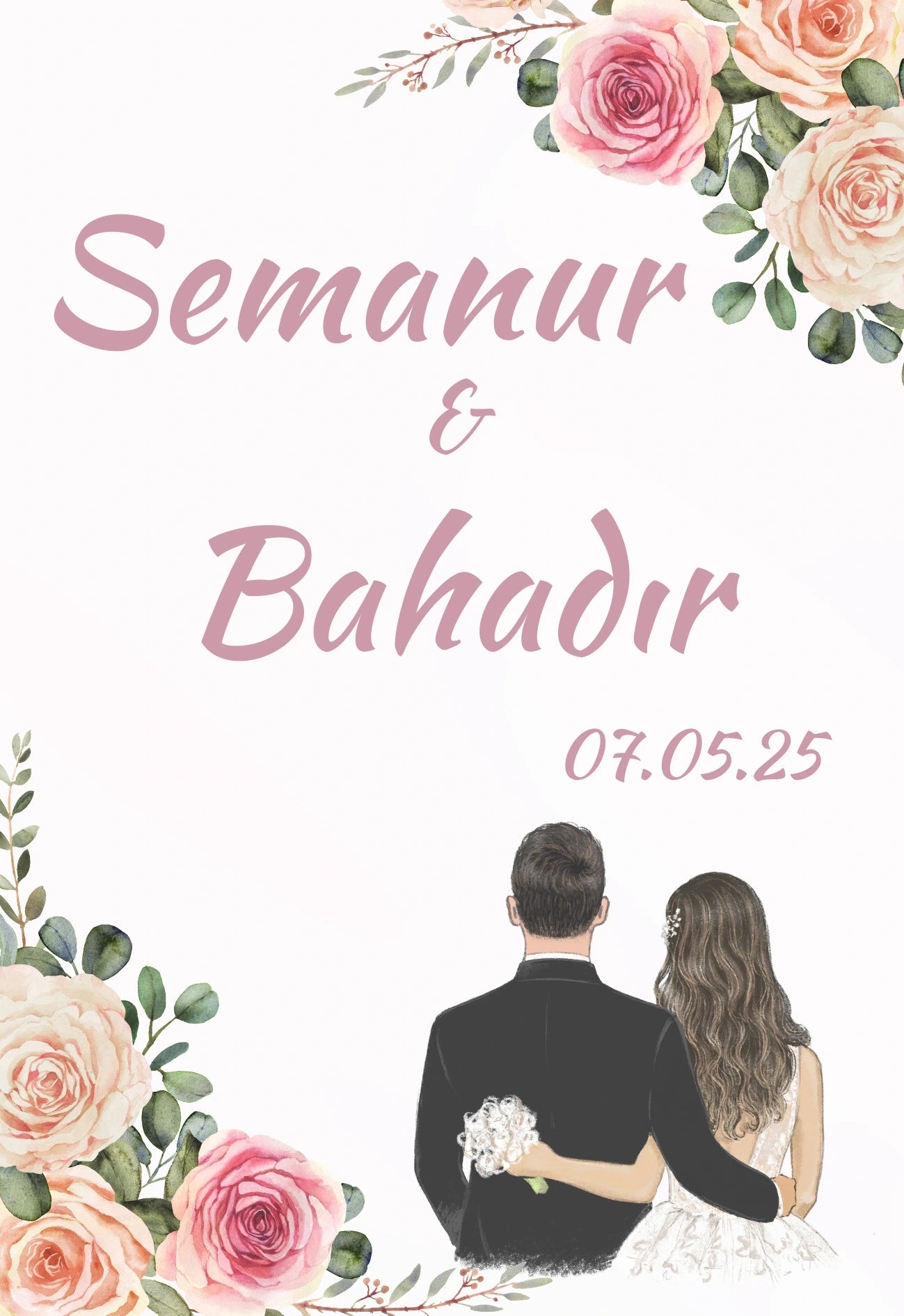 Kişiselleştirilebilir Özel Gün Dikdörtgen Magnet - Pastel Güller ve Gelin Damat Silüeti