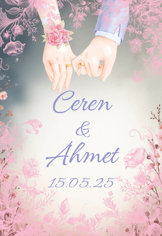 Kişiselleştirilebilir Özel Gün Dikdörtgen Magnet - Pembe Çiçekli Çerçeve ve Kenetlenen Eller