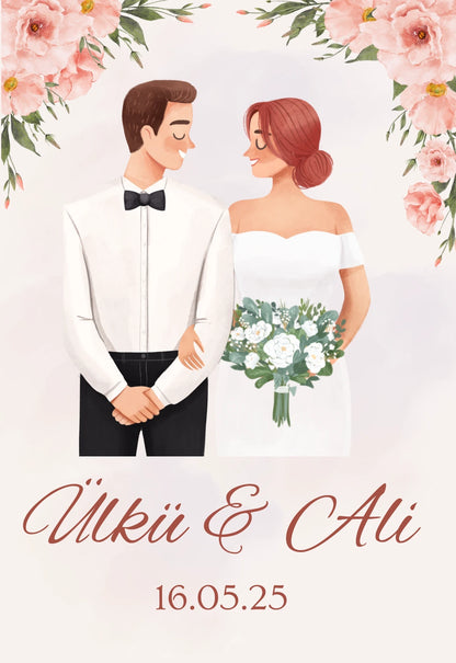 Kişiselleştirilebilir Özel Gün Dikdörtgen Magnet - Pembe Şakayık ve Çift İllüstrasyonu