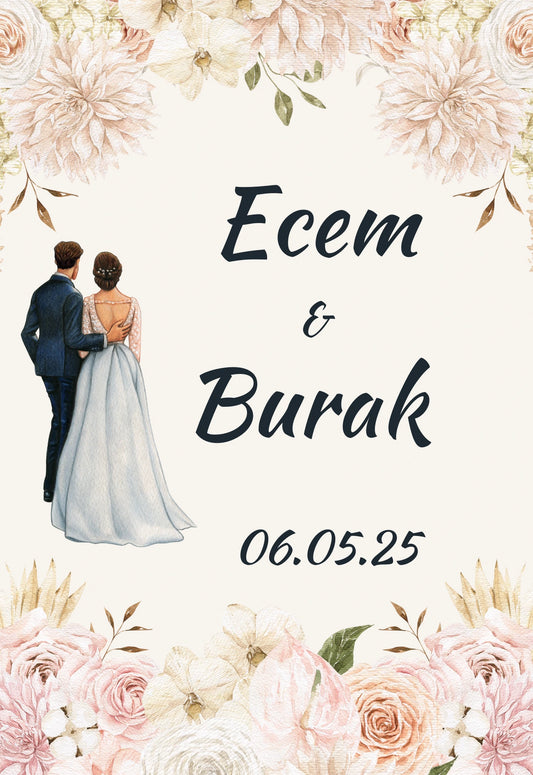 Kişiselleştirilebilir Özel Gün Dikdörtgen Magnet - Şakayıklar ve Gelin Damat Silüeti