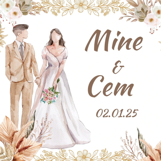 Kişiselleştirilebilir Özel Gün Kare Magnet - Sulu Boya Gelin Damat ve Çiçekli Çerçeve